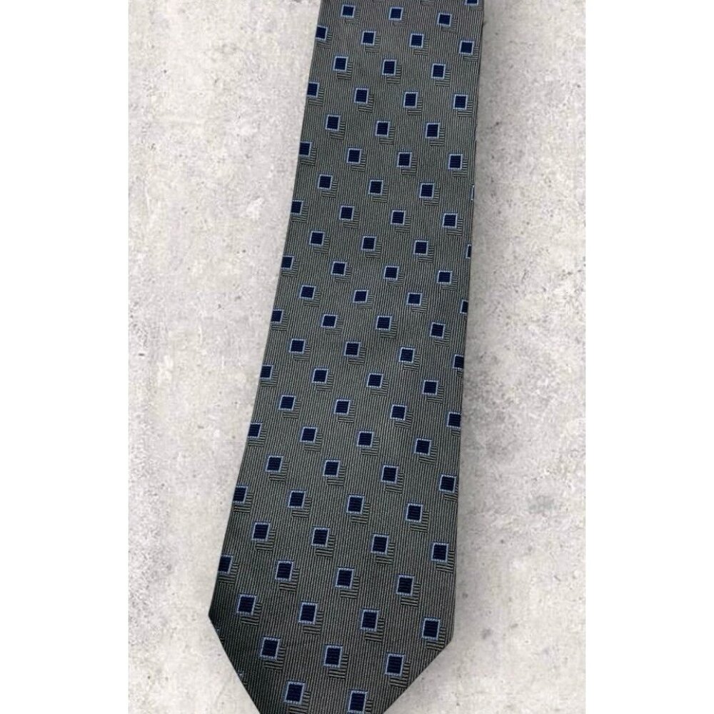 DRAKE'S Silk Tie ENGLAND XL Gray Navy Blue Geometric W:3.6" EUC - Picture 5 of 5